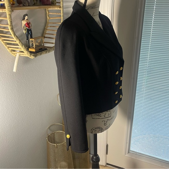 ESCADA Margaretha Ley Vtg 80’s Black Cropped Wool Gold Crest Button Jacket Sz 42 - Picture 9 of 16